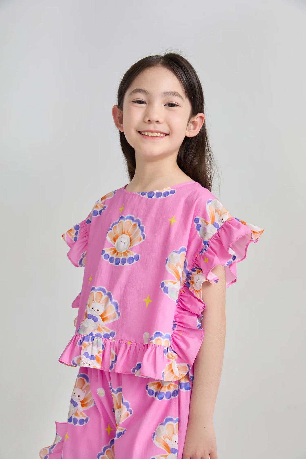 Poco Blush Pearl Cat Cotton Ruffle Top