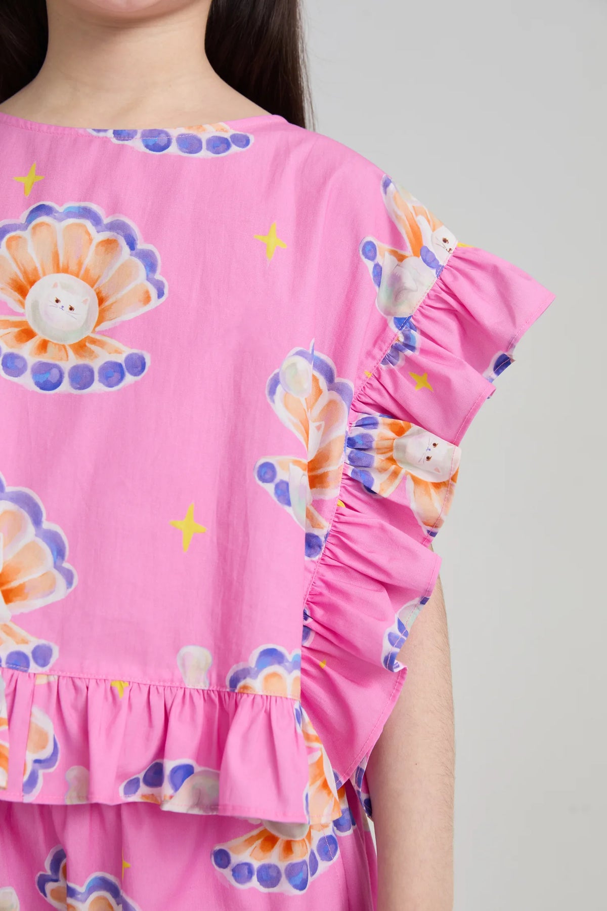 Poco Blush Pearl Cat Cotton Ruffle Top