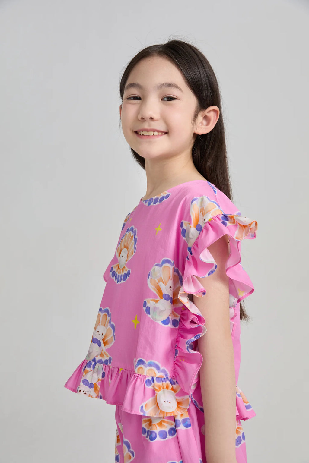 Poco Blush Pearl Cat Cotton Ruffle Top