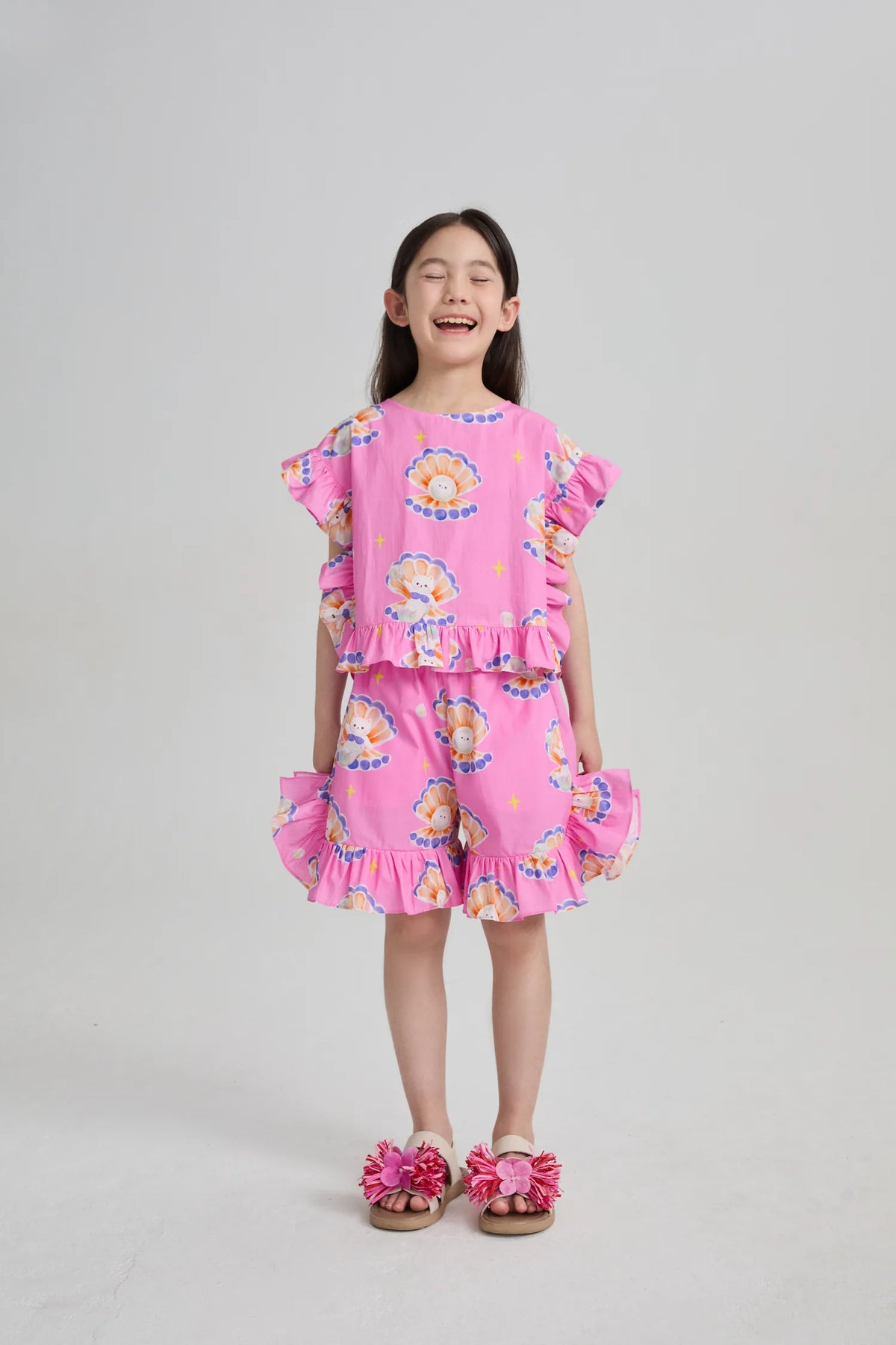 Poco Blush Pearl Cat Cotton Ruffle Top