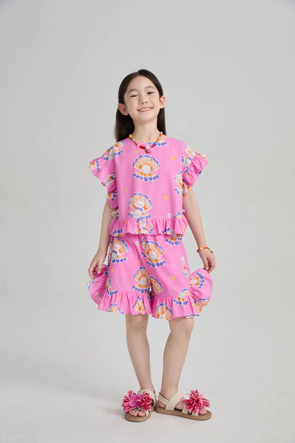Poco Blush Pearl Cat Cotton Ruffle Top