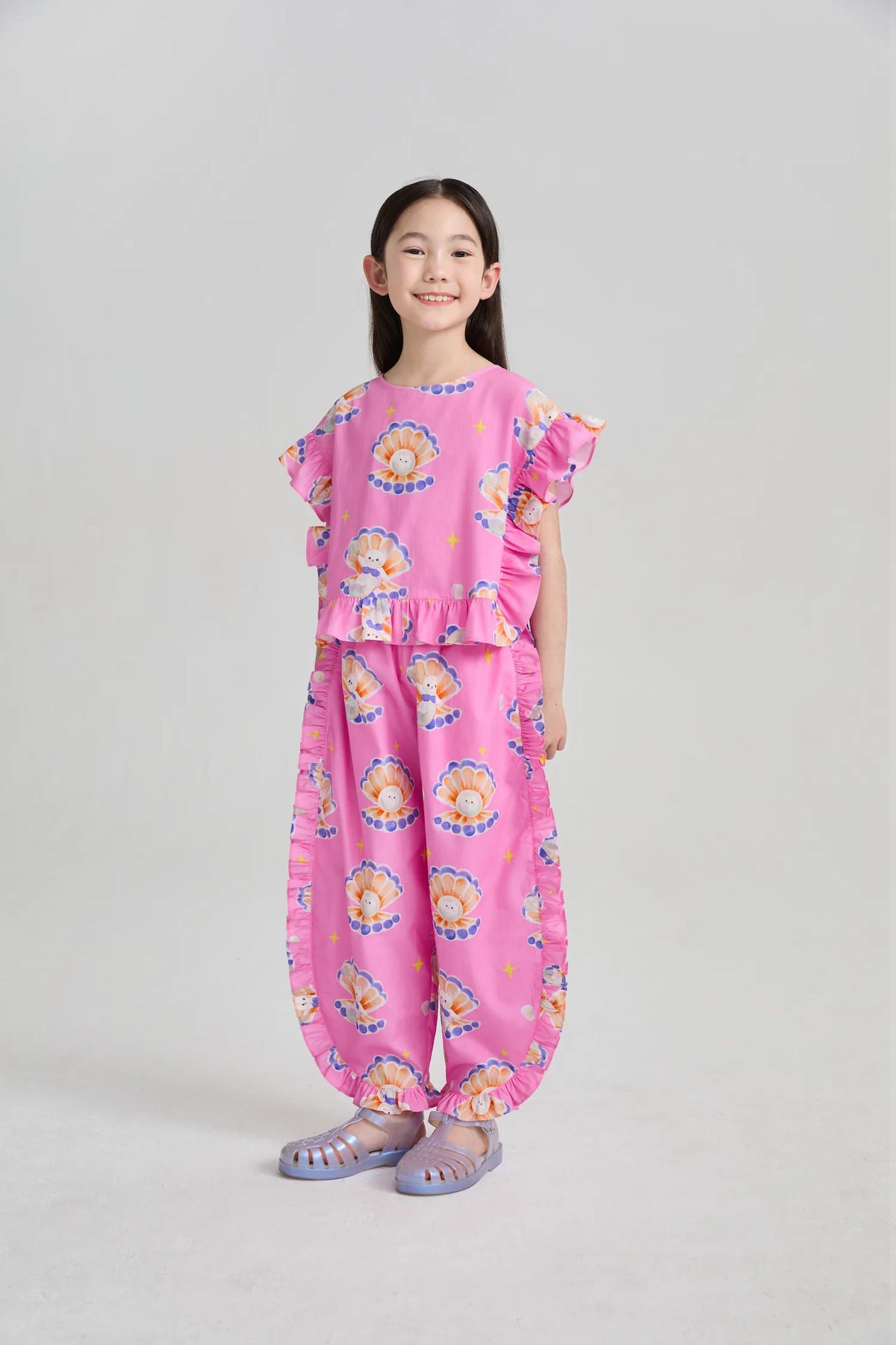 Poco Blush Pearl Cat Cotton Ruffle Top
