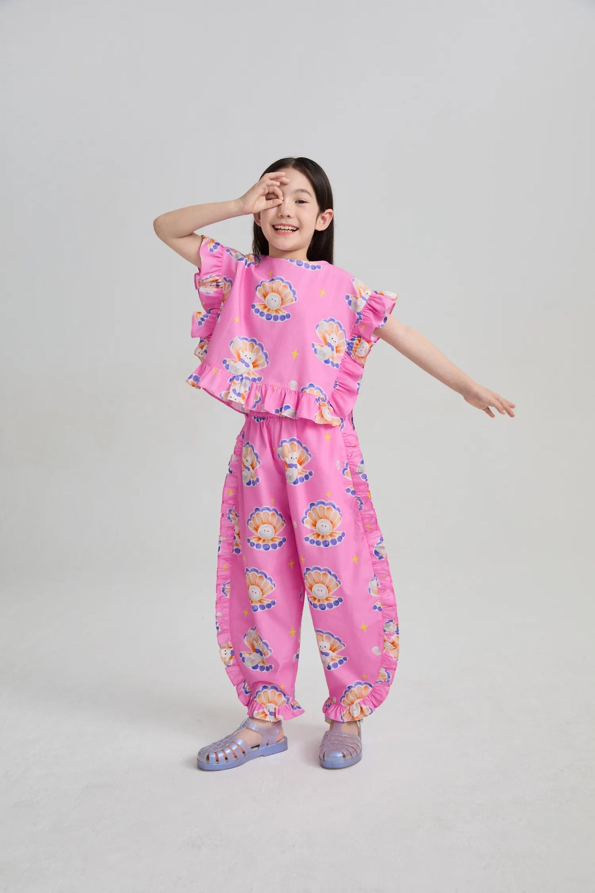 Poco Blush Pearl Cat Cotton Ruffle Top