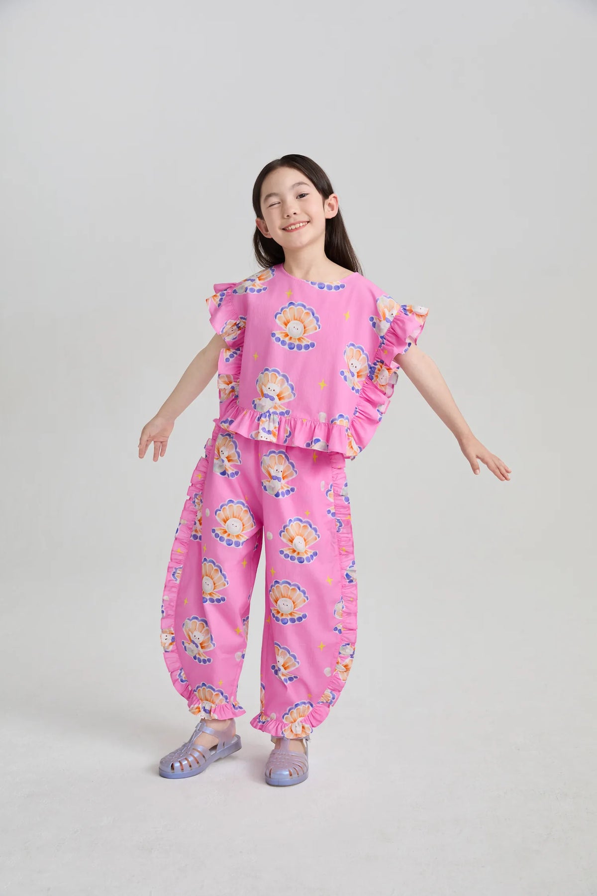 Poco Blush Pearl Cat Cotton Ruffle Top