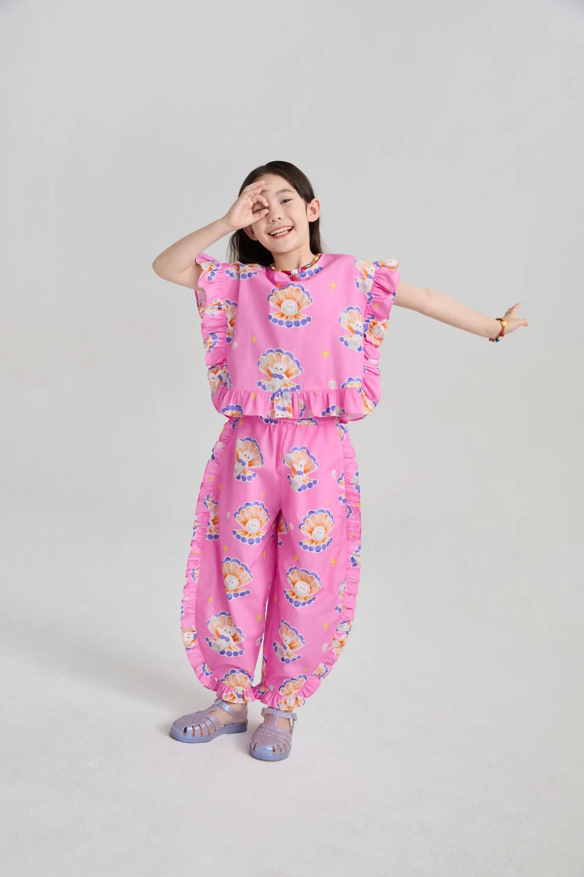 Poco Blush Pearl Cat Cotton Ruffle Top