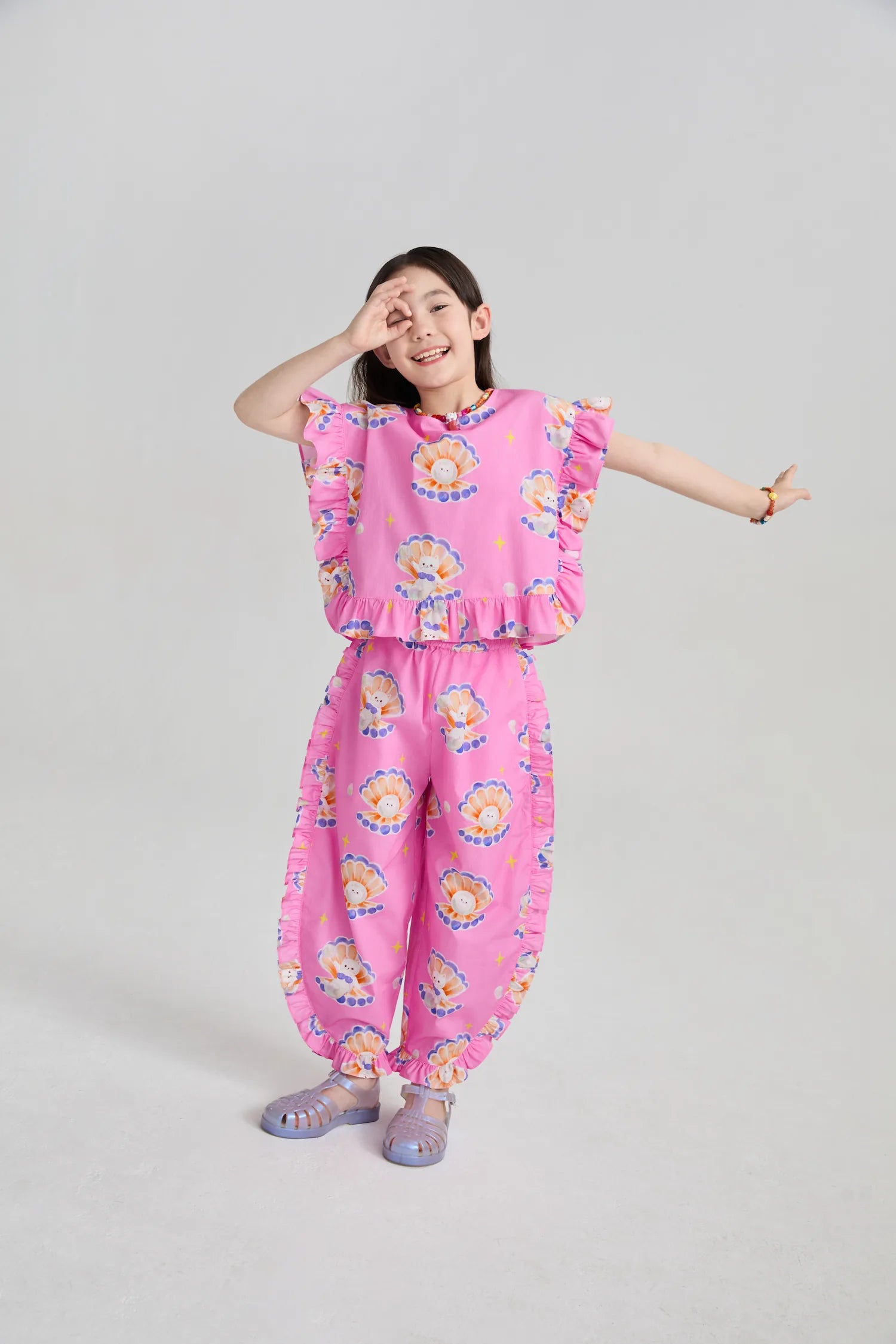 Poco Blush Pearl Cat Cotton Ruffle Top