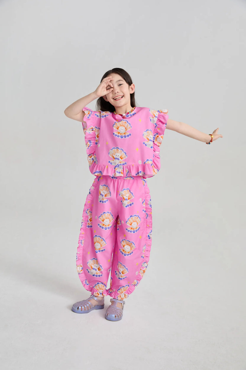 Poco Blush Pearl Cat Cotton Ruffle Top
