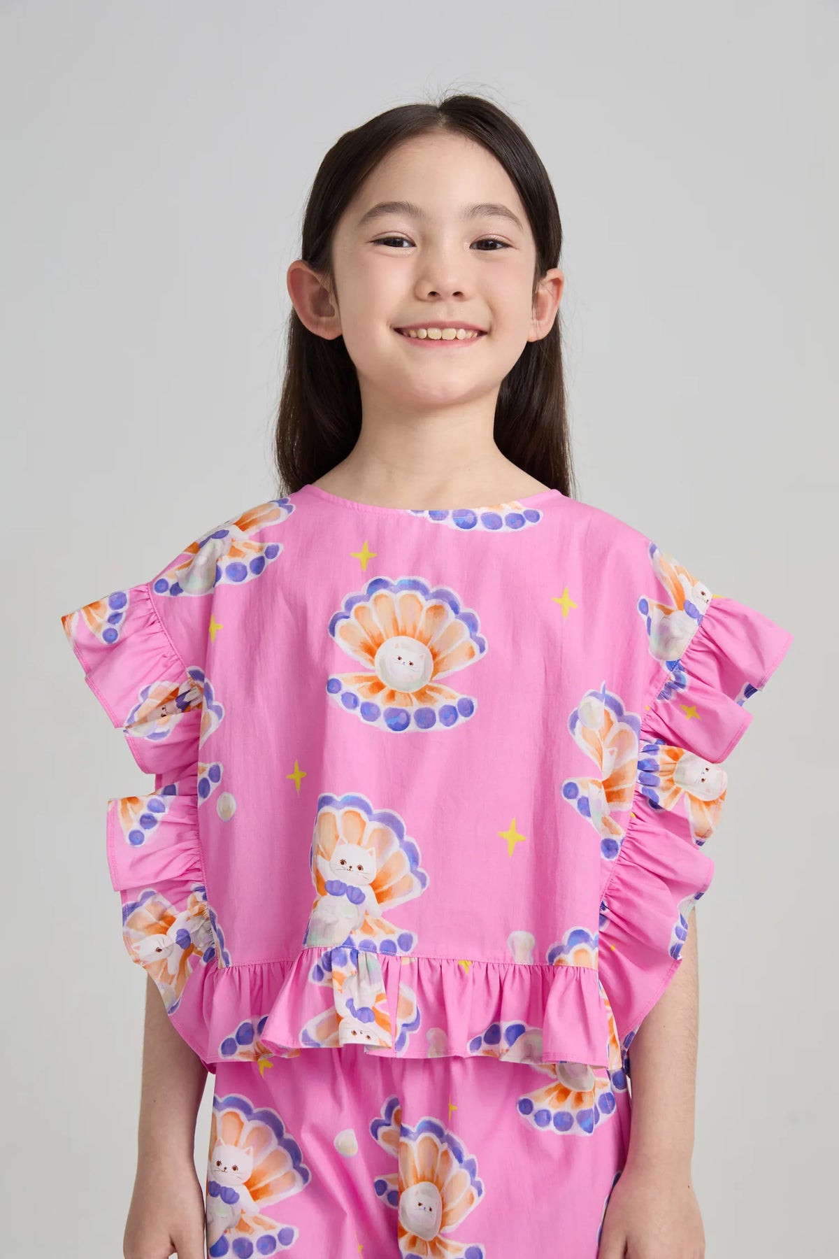 Poco Blush Pearl Cat Cotton Ruffle Top