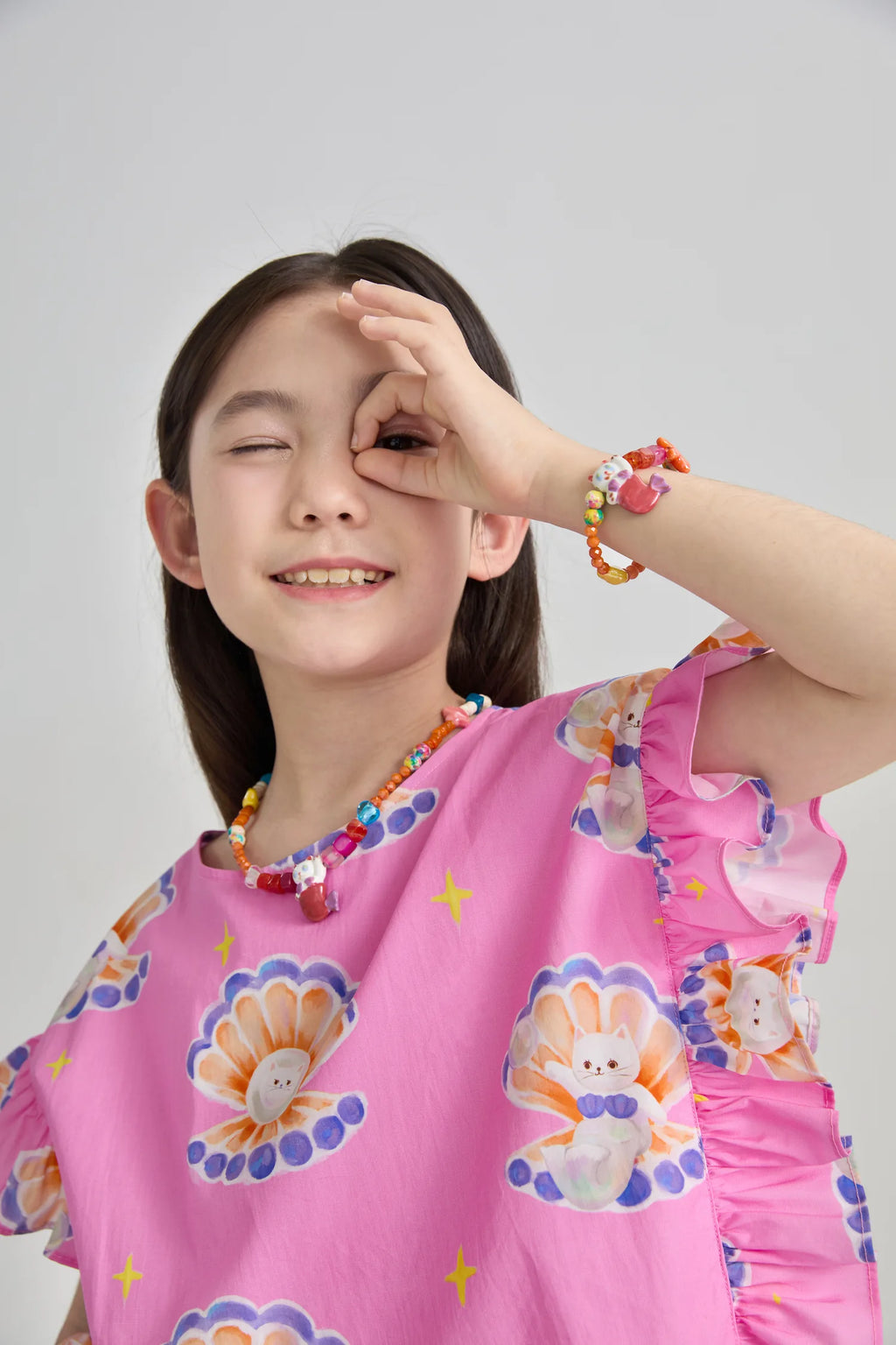 Poco Blush Pearl Cat Cotton Ruffle Top