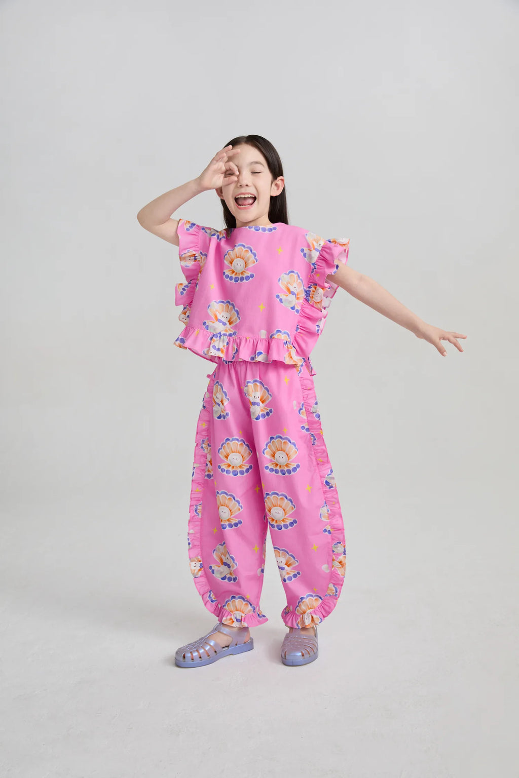 Poco Blush Pearl Cat Cotton Ruffle Top