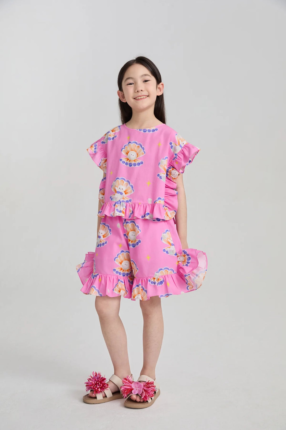 Poco Blush Pearl Cat Cotton Ruffle Top
