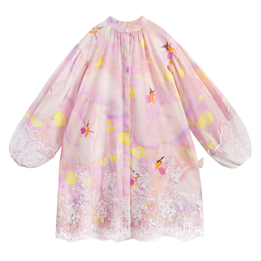 Swan Dream Print Lace Shirt by Poco Blush