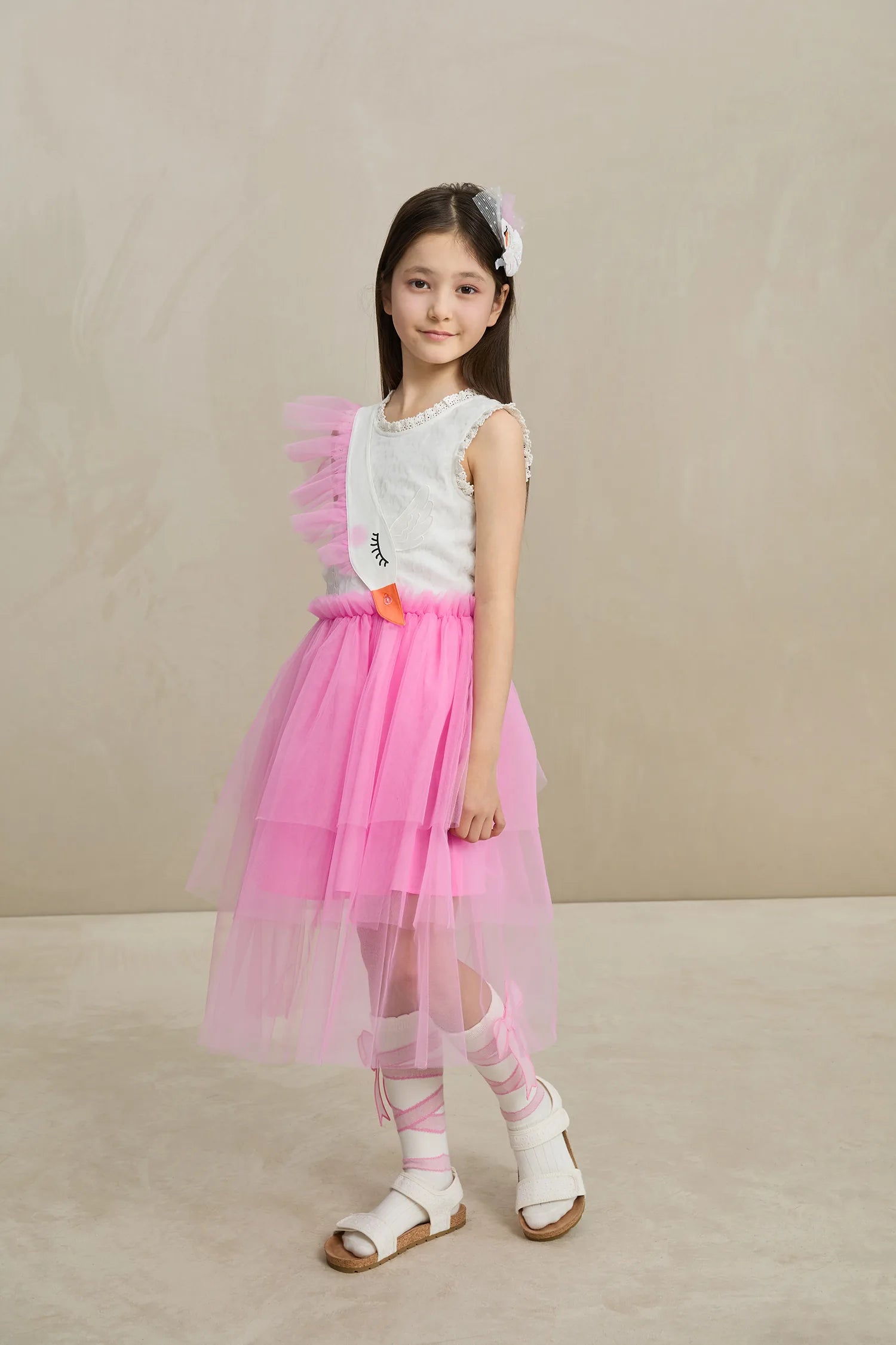 Poco Blush 3D Swan Head Mesh Suspender Dress