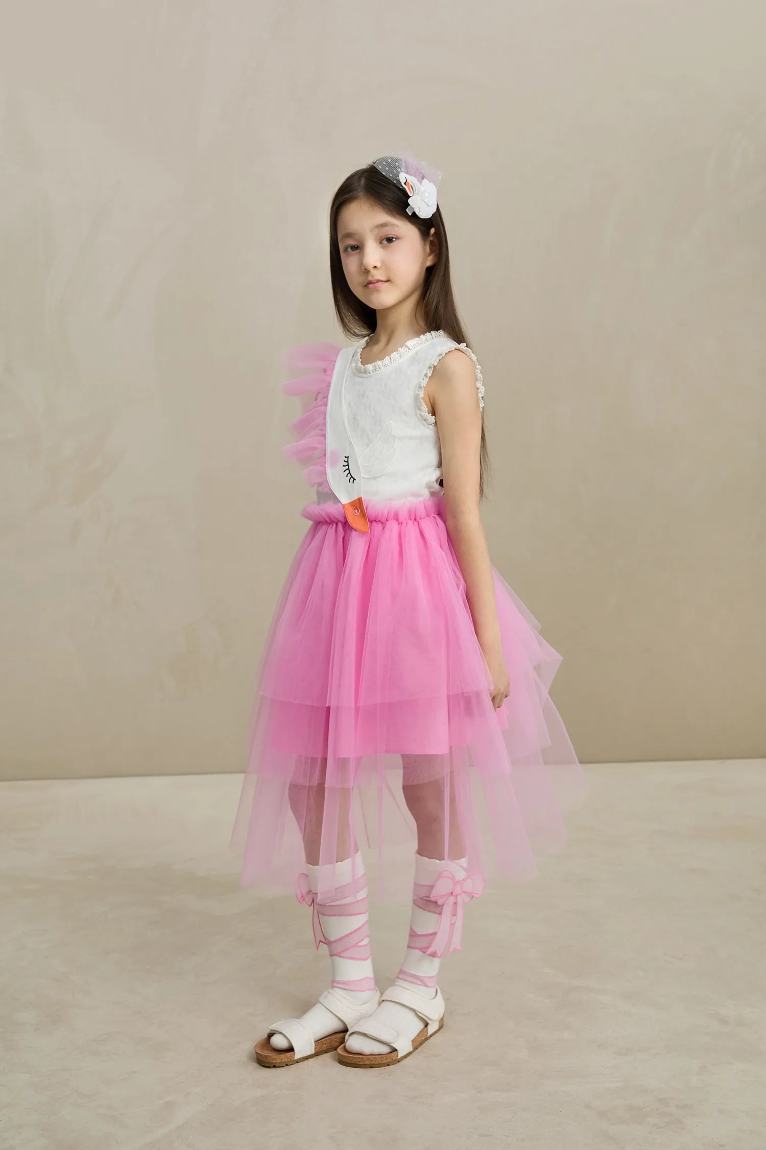Poco Blush 3D Swan Head Mesh Suspender Dress