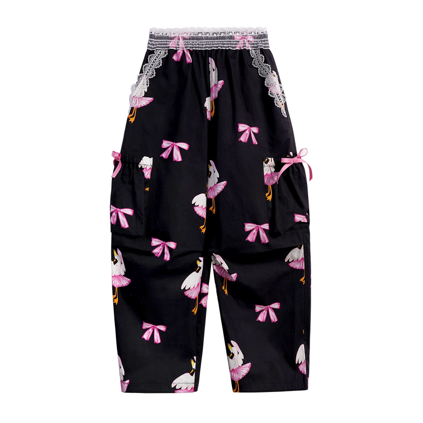 Swan Ribbon Print Cargo Pants by Poco Blush