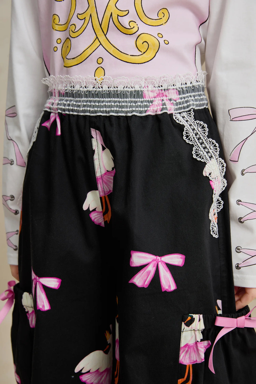 Poco Blush Swan Ribbon Print Cargo Pants