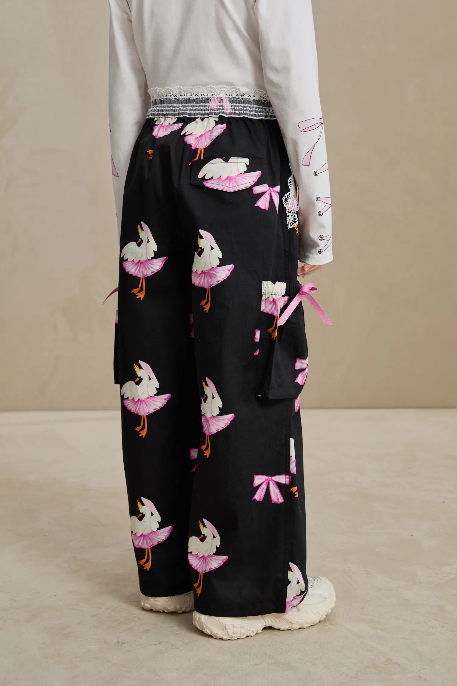 Poco Blush Swan Ribbon Print Cargo Pants