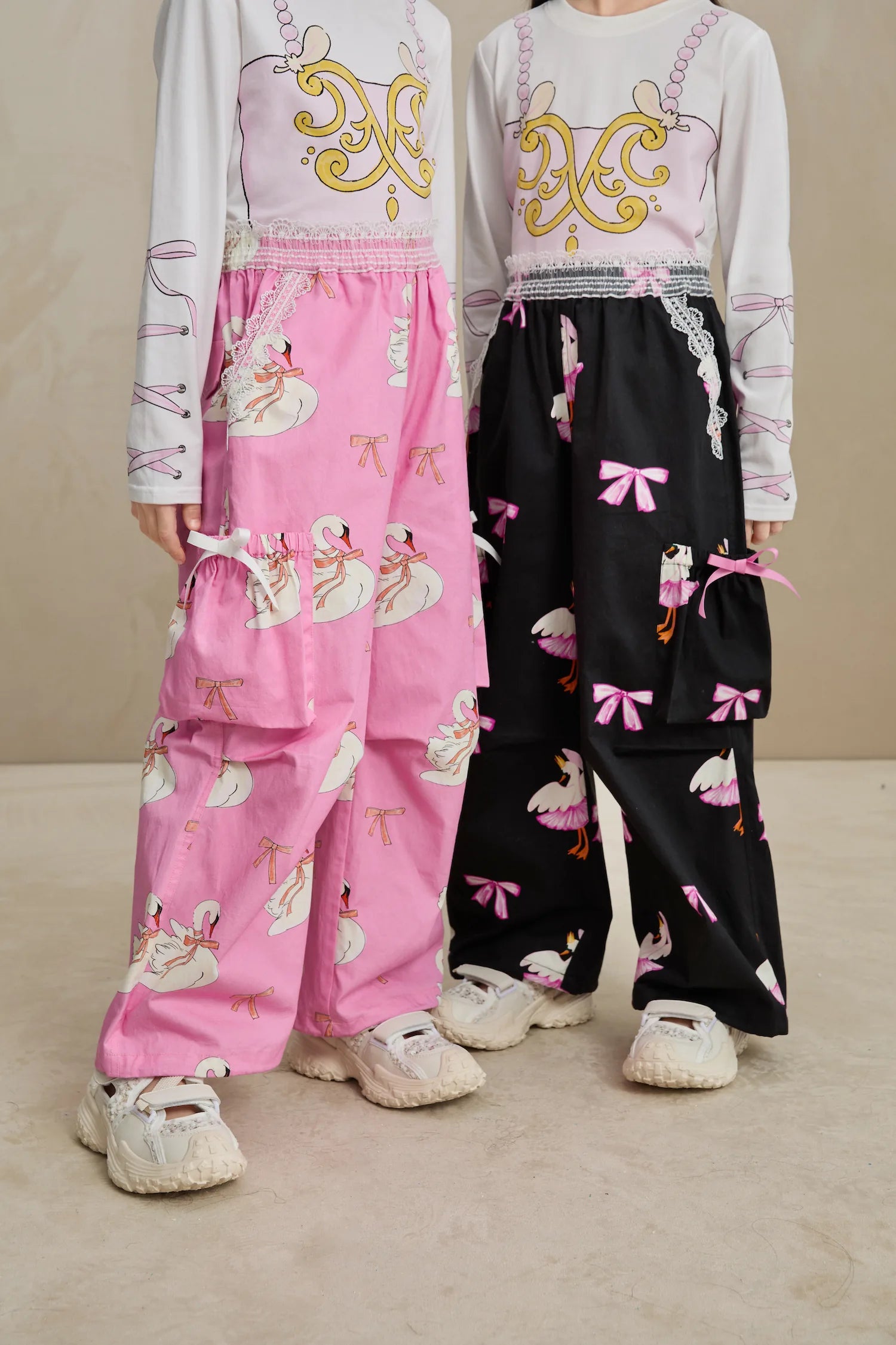 Poco Blush Swan Ribbon Print Cargo Pants