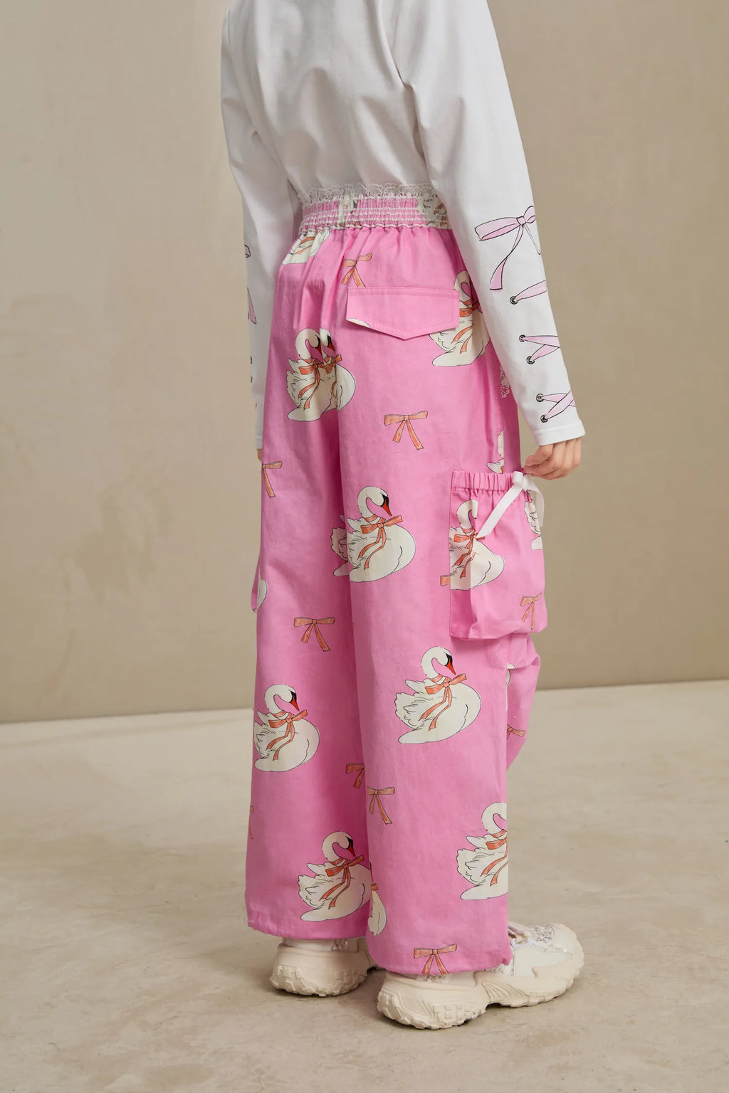 Poco Blush Swan Ribbon Print Cargo Pants