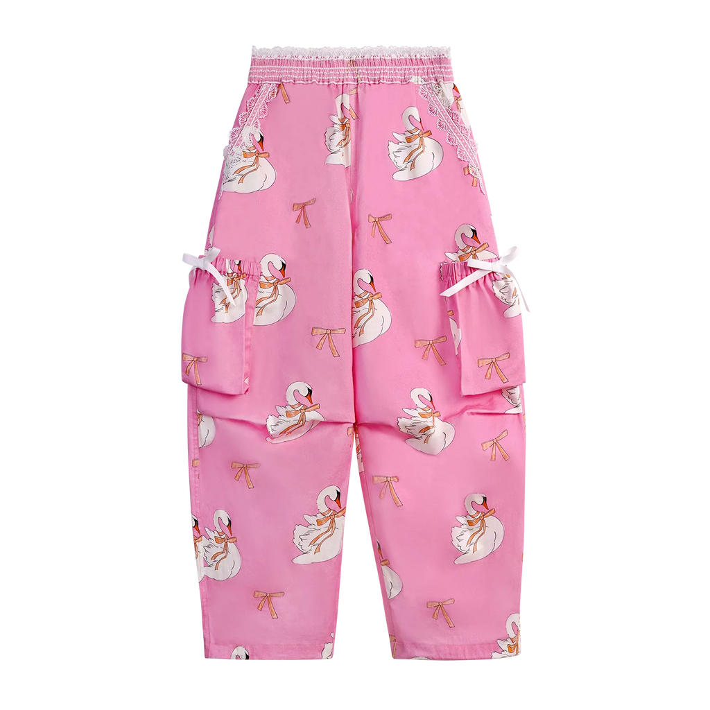 Poco Blush Swan Ribbon Print Cargo Pants Pink