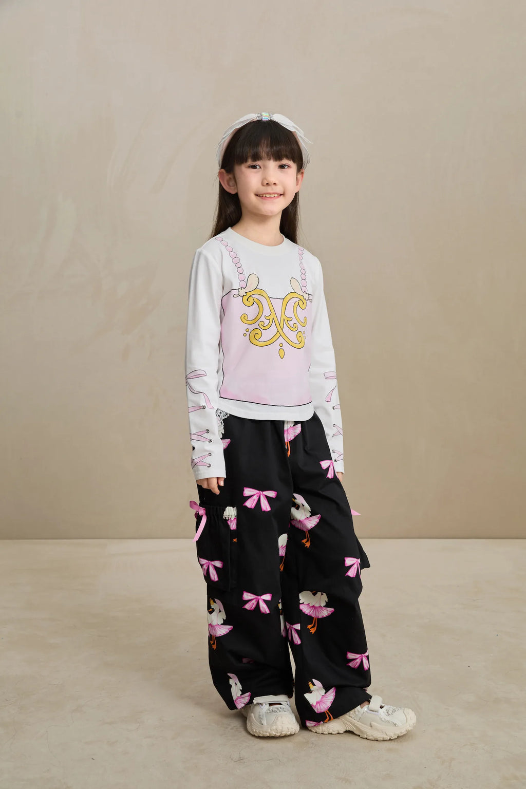 Poco Blush Swan Ribbon Print Cargo Pants