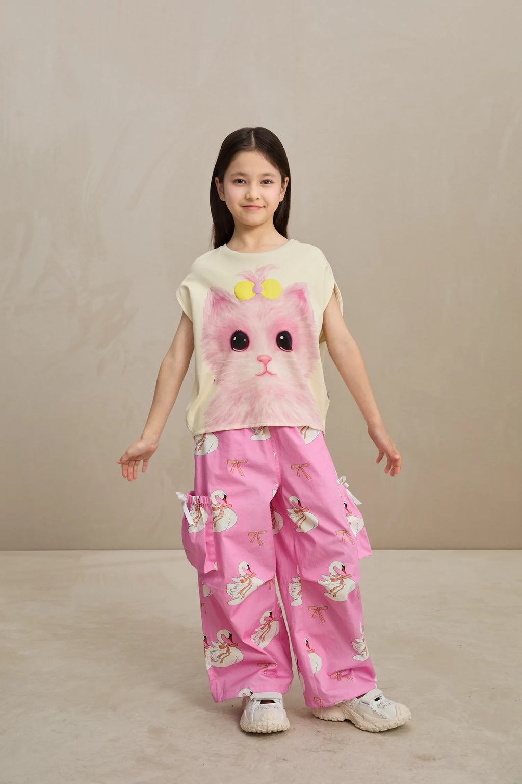 Poco Blush Swan Ribbon Print Cargo Pants