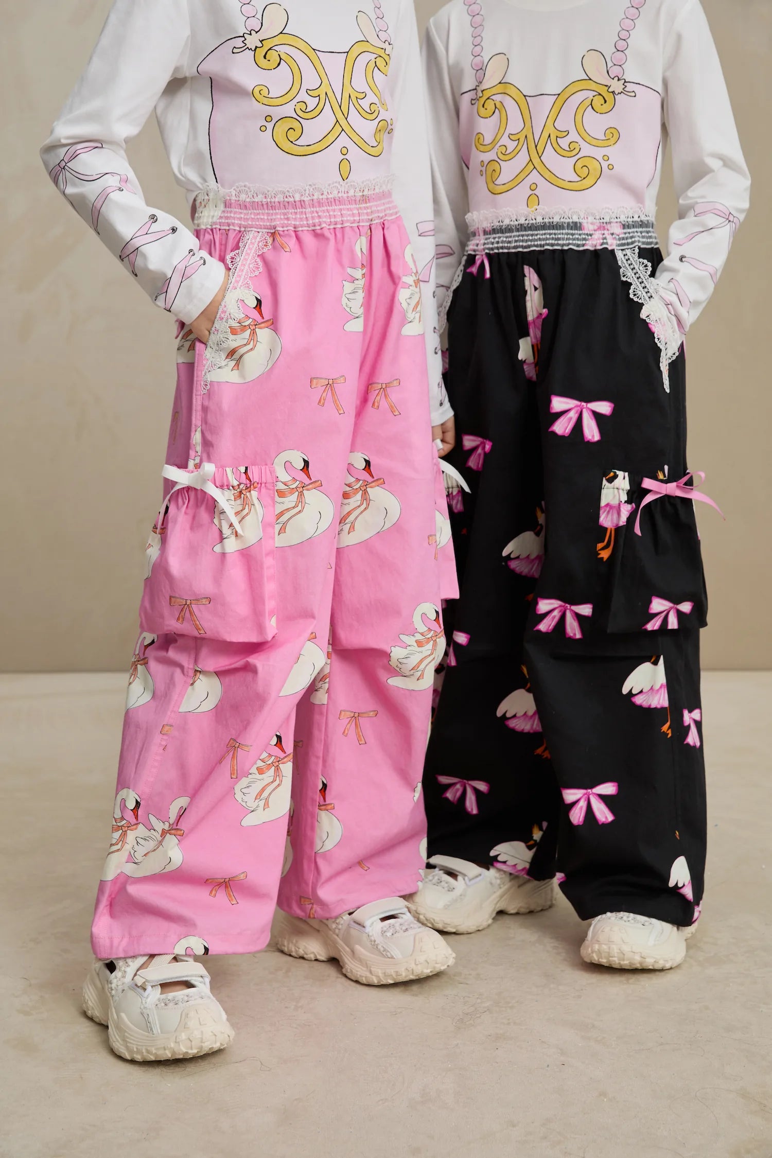 Poco Blush Swan Ribbon Print Cargo Pants