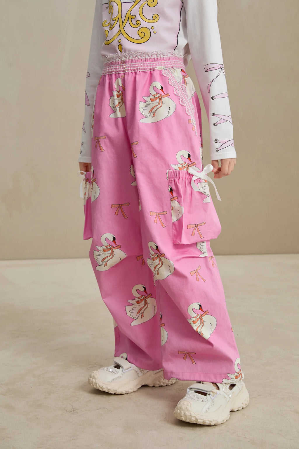Poco Blush Swan Ribbon Print Cargo Pants