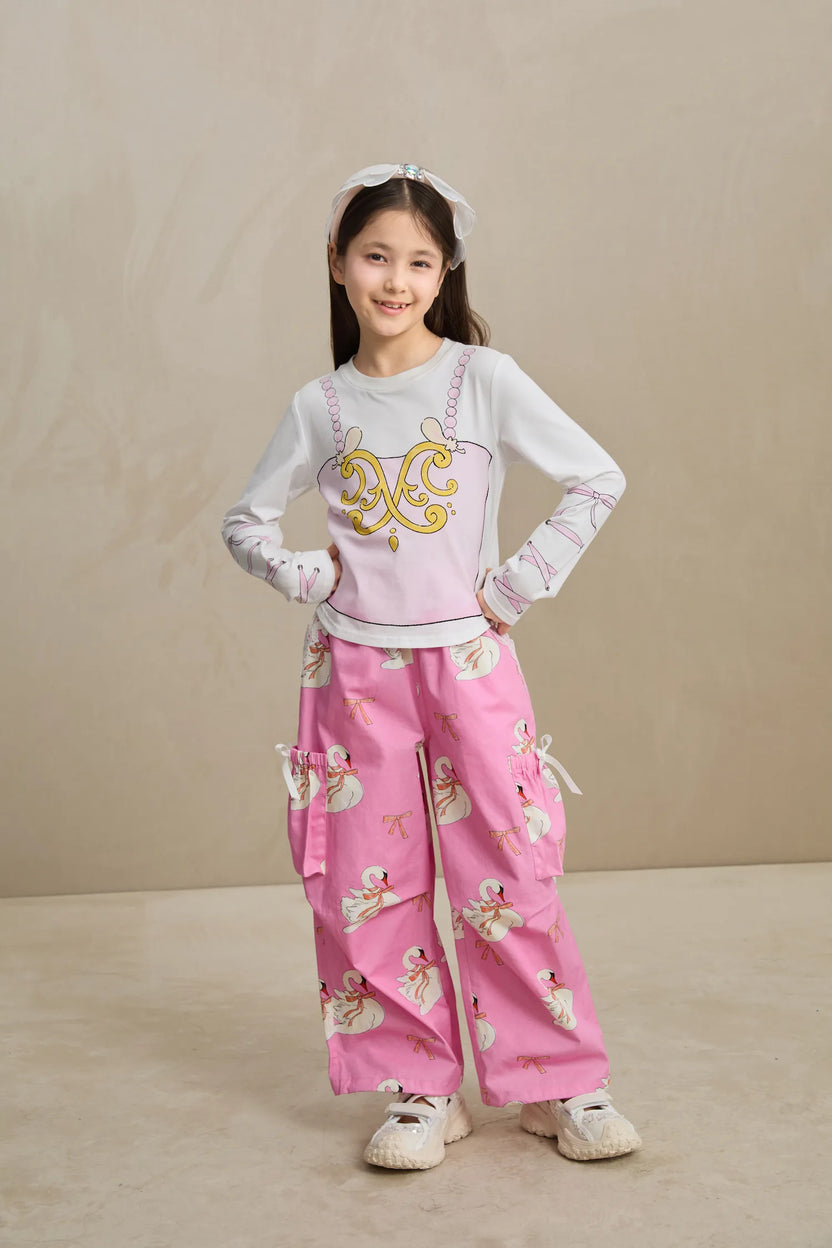 Swan Ribbon Print Cargo Pants by Poco Blush, image 4