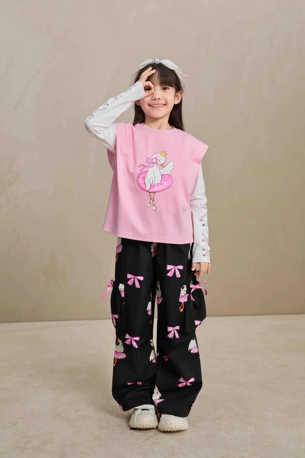 Poco Blush Swan Ribbon Print Cargo Pants