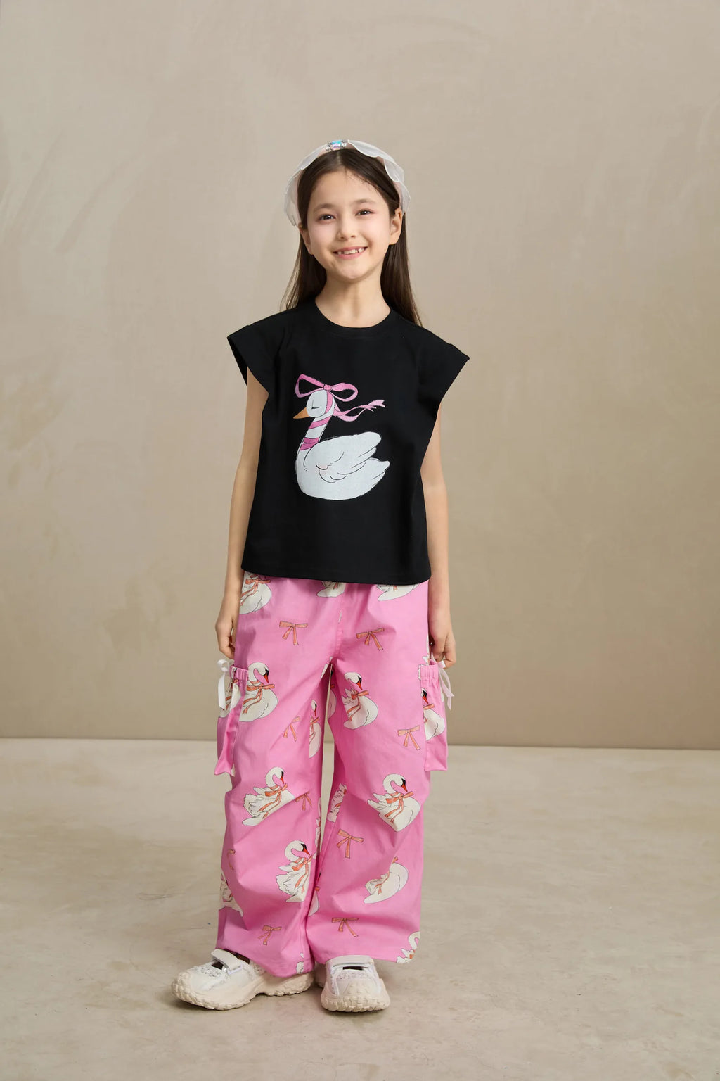 Poco Blush Swan Ribbon Print Cargo Pants